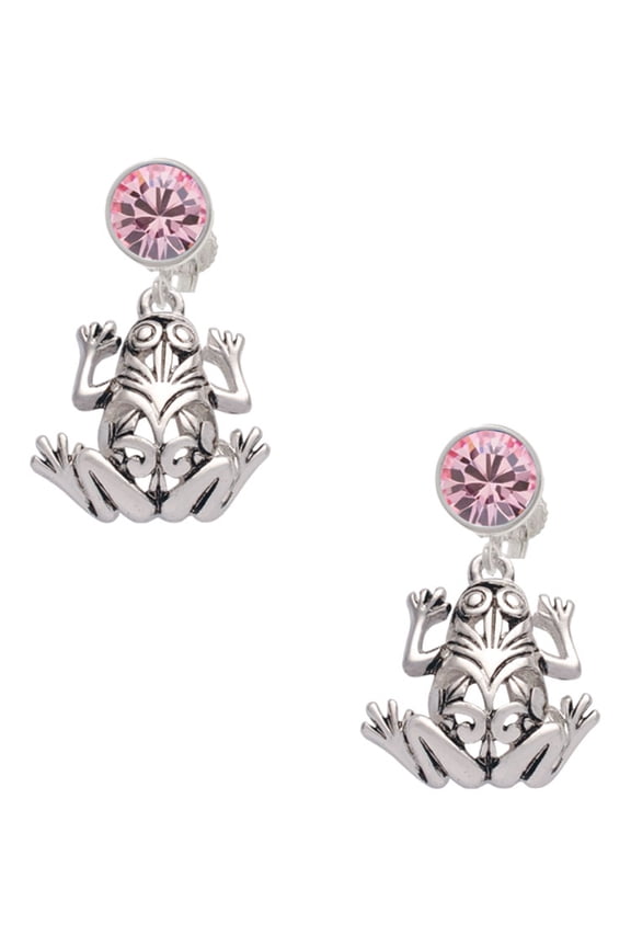Silvertone Large Filigree Frog Pink Crystal Clip on Earrings