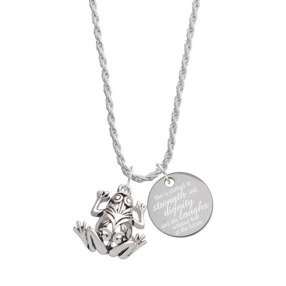Delight Jewelry Silvertone Large Filigree Frog She is Clothed in Stength and Dignity Charm Necklace, 20"+3"