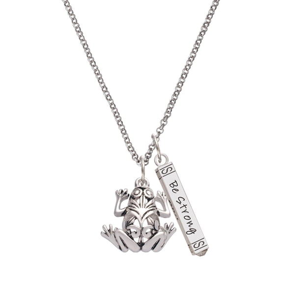 Delight Jewelry Silvertone Large Filigree Frog Silvertone Be Strong and Courageous Bar Charm Necklace, 23"
