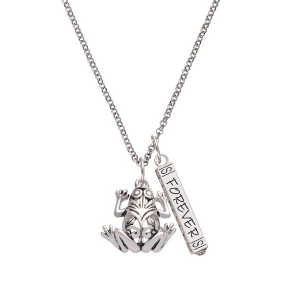 Delight Jewelry Silvertone Large Filigree Frog Silvertone Forever Bar Charm Necklace, 23"
