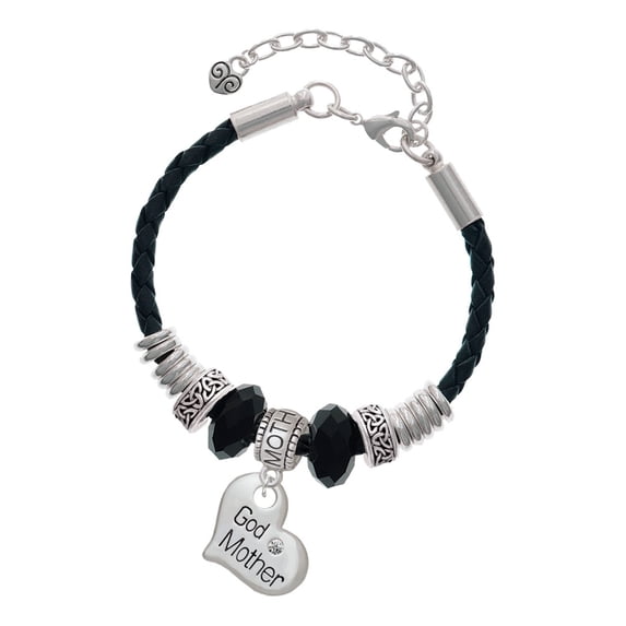 Delight Jewelry Silvertone Large ''Godmother'' Heart with Clear Crystal Mother Celtic Knot Leather Bead Bracelet, 7"+2" Extender