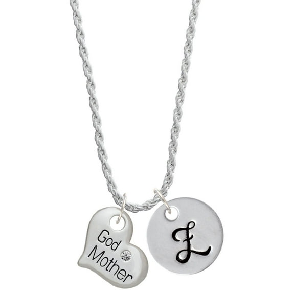 Delight Jewelry Silvertone Large ''Godmother'' Heart with Clear Crystal Silvertone Script Initial Disc - Z - Charm Necklace, 20"+3"