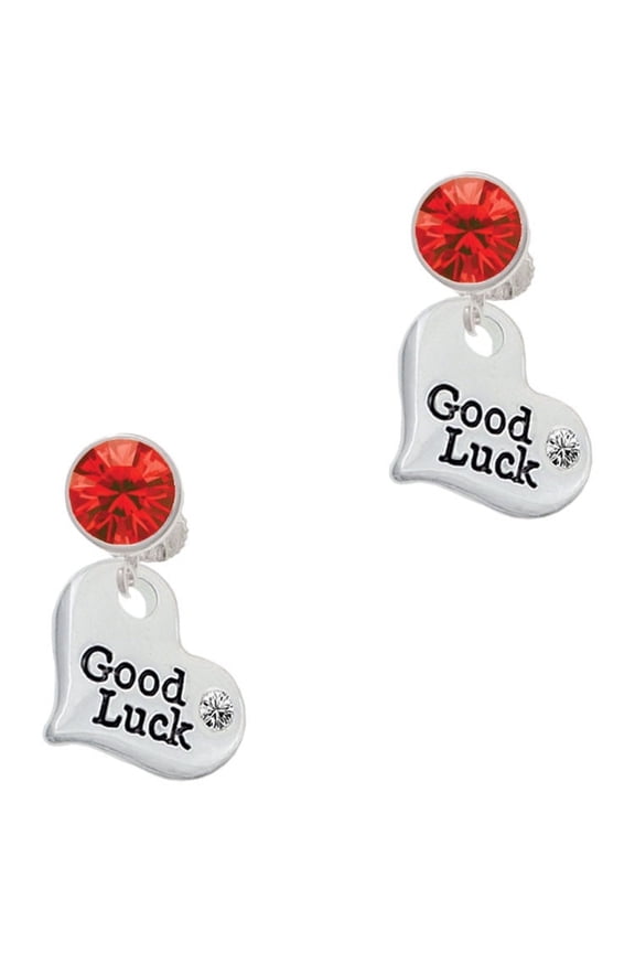 Silvertone Large Good Luck Heart Red Crystal Clip on Earrings