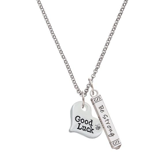 Delight Jewelry Silvertone Large Good Luck Heart Silvertone Be Strong and Courageous Bar Charm Necklace, 23"