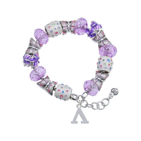 Delight Jewelry Silvertone Large Greek Letter - Lambda - Purple Butterfly Bead Charm Bracelet, 7"+1" Extender