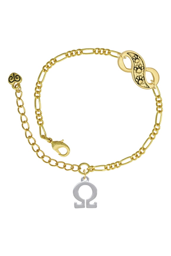 Silvertone Large Greek Letter - Omega - Gold-tone Paw Infinity Link Chain Bracelet, 6"+2" Extender