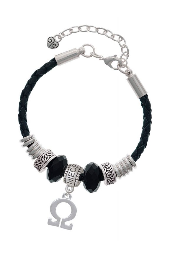 Silvertone Large Greek Letter - Omega - Niece Celtic Knot Leather Bead Bracelet, 7"+2" Extender