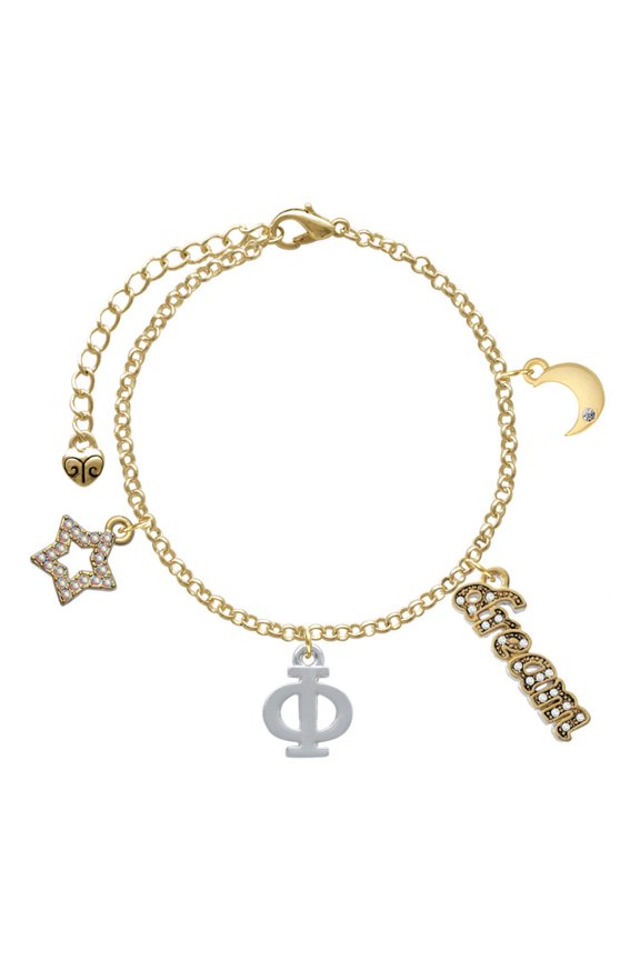 Silvertone Large Greek Letter - Phi - Goldtone Dream Big Charm Bracelet, 7.5+2" Extender