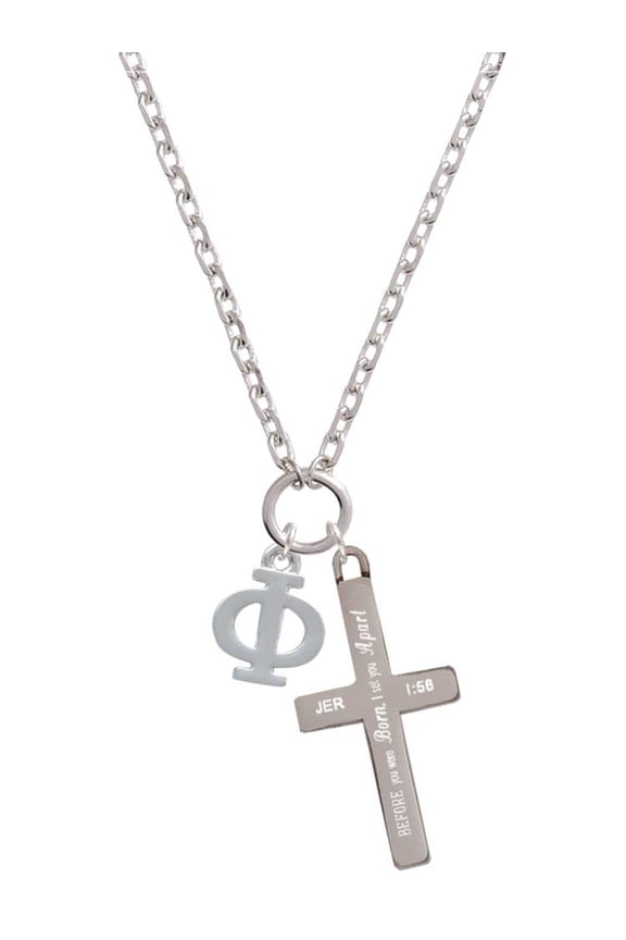 Silvertone Large Greek Letter - Phi - I Set You Apart Engraved Cross Zoey Necklace, 28"