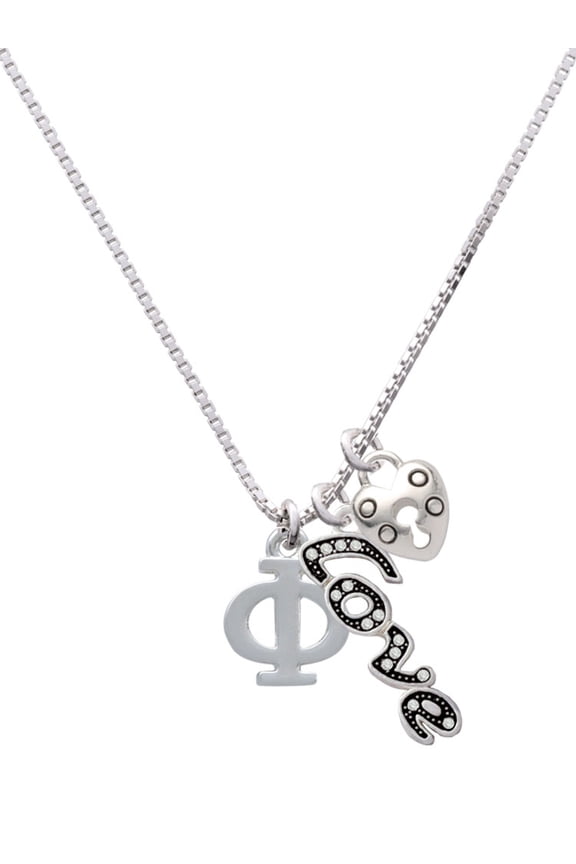 Silvertone Large Greek Letter - Phi - - Love and Lock Charm Necklace, 18"+1"
