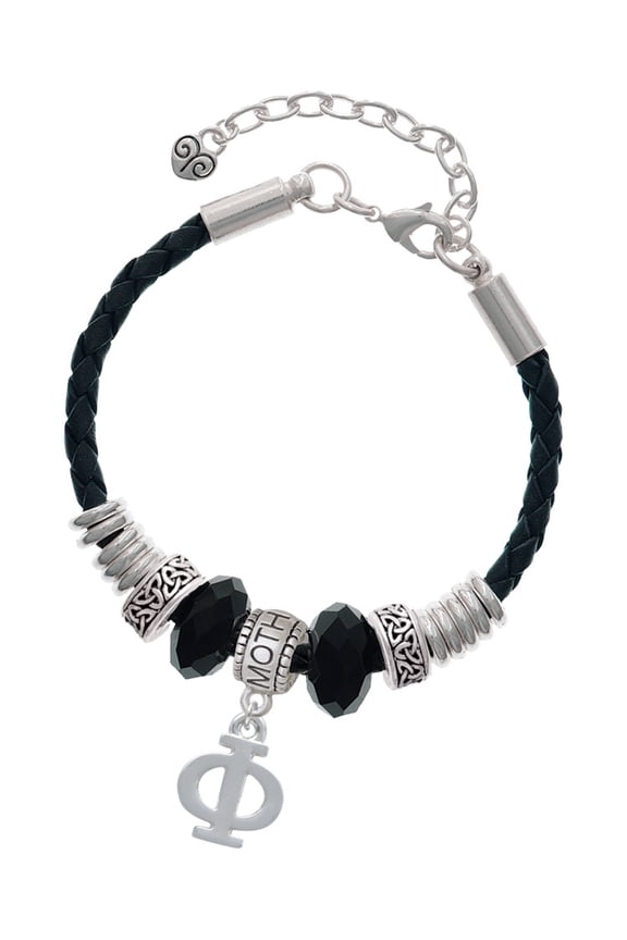 Silvertone Large Greek Letter - Phi - Mother Celtic Knot Leather Bead Bracelet, 7"+2" Extender