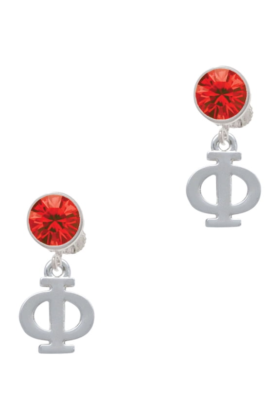 Silvertone Large Greek Letter - Phi - Red Crystal Clip on Earrings