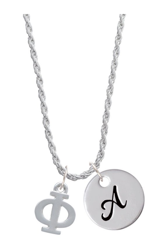 Silvertone Large Greek Letter - Phi - Silvertone Script Initial Disc - A - Charm Necklace, 20"+3"