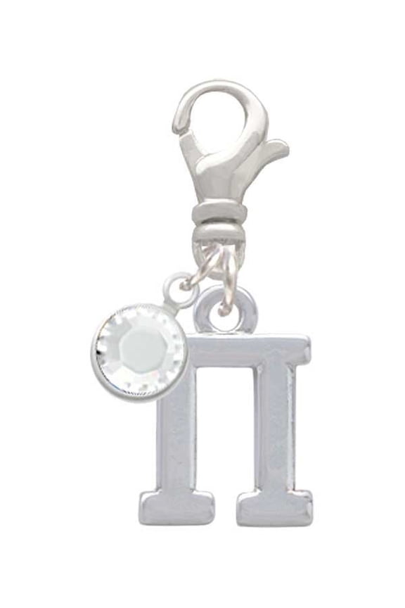 Silvertone Large Greek Letter - Pi - - Silvertone Clip on Charm with Clear Crystal Drop