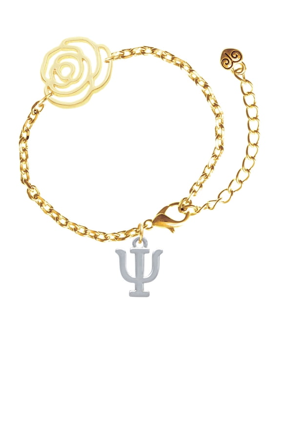 Silvertone Large Greek Letter - Psi - Gold-tone Flower Link Chain Bracelet, 6.75"+2" Extender