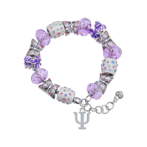Delight Jewelry Silvertone Large Greek Letter - Psi - Purple Butterfly Bead Charm Bracelet, 7"+1" Extender