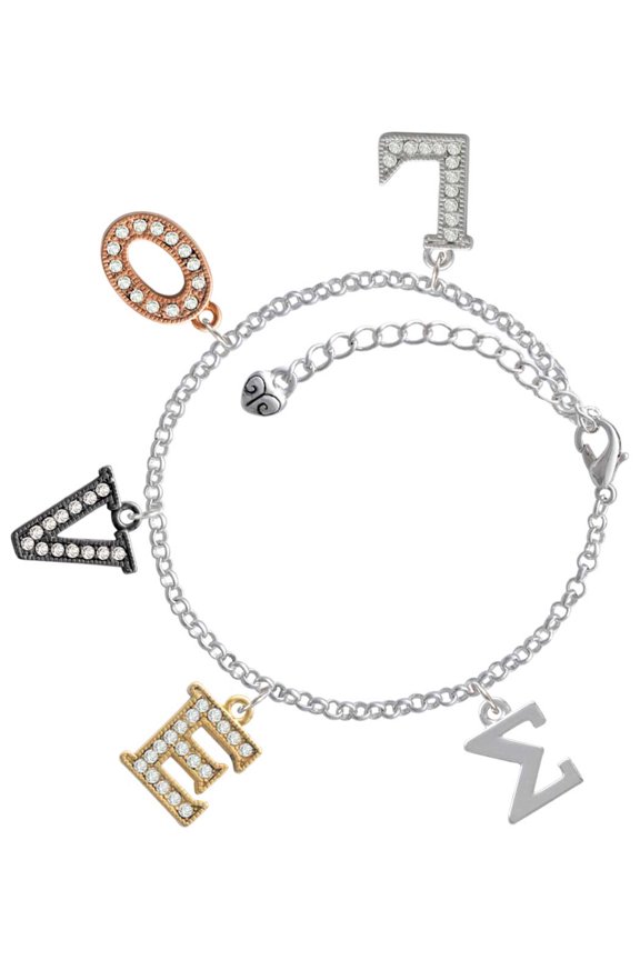 Silvertone Large Greek Letter - Sigma - Multi-Colored Crystal Love Charm Bracelet