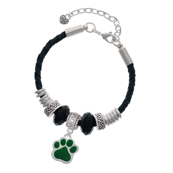 Delight Jewelry Silvertone Large Green Paw Mom Celtic Knot Leather Bead Bracelet, 7"+2" Extender