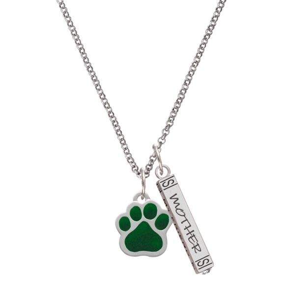 Delight Jewelry Silvertone Large Green Paw Silvertone Mother Daughter Bar Charm Necklace, 23"
