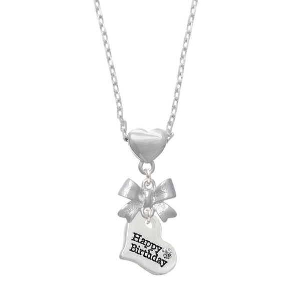 Delight Jewelry Silvertone Large Happy Birthday Heart Silver tone Bow Heart Necklace