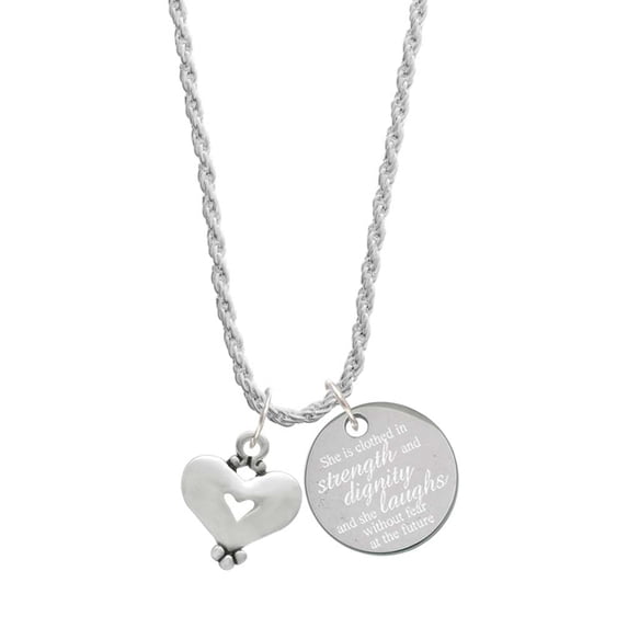 Delight Jewelry Silvertone Large Heart with Cutout She is Clothed in Stength and Dignity Charm Necklace, 20"+3"