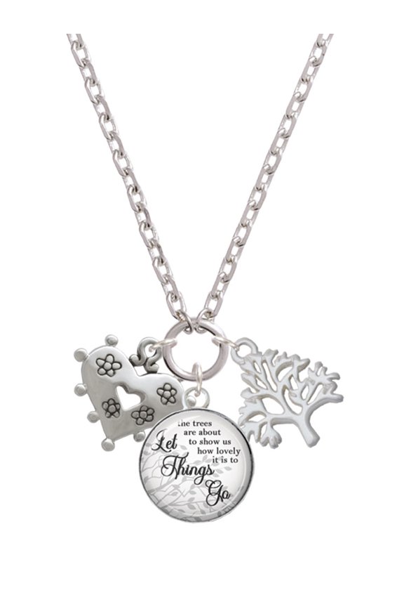 Silvertone Large Heart with Flowers Let Things Go Fall Zoey Charm Necklace, 28"