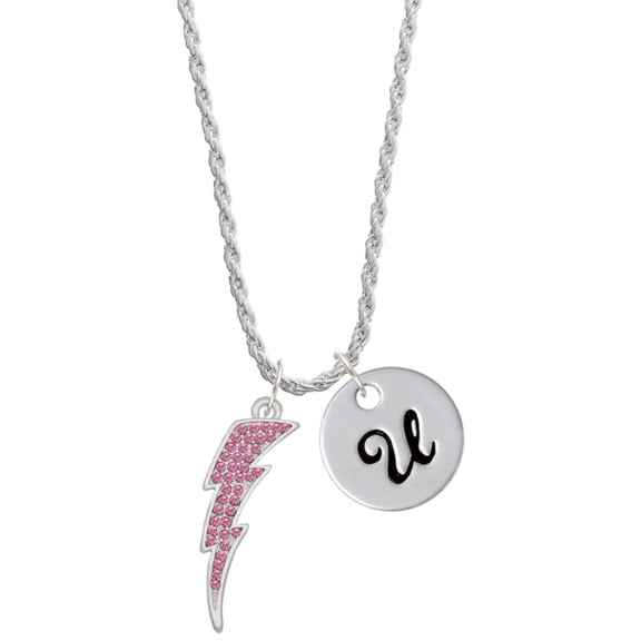 Delight Jewelry Silvertone Large Hot Pink Crystal Lightning Bolt Silvertone Script Initial Disc - U - Charm Necklace, 20"+3"