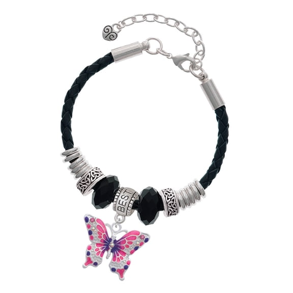 Delight Jewelry Silvertone Large Hot Pink & Purple Butterfly Best Friend Celtic Knot Leather Bead Bracelet, 7"+2" Extender