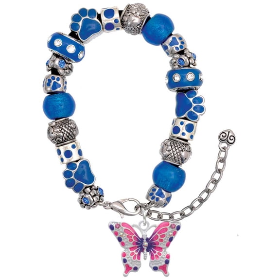 Delight Jewelry Silvertone Large Hot Pink & Purple Butterfly Blue Paw Print Bead Bracelet, 7"+2"