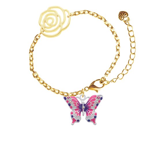 Delight Jewelry Silvertone Large Hot Pink & Purple Butterfly Gold-tone Flower Link Chain Bracelet, 6.75"+2" Extender