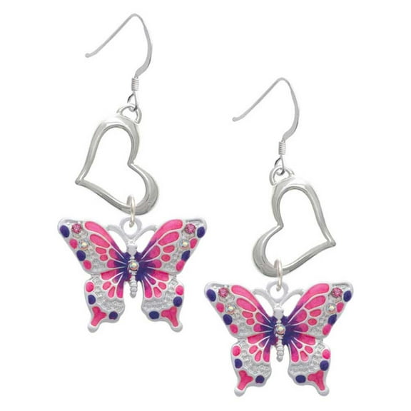 Delight Jewelry Silvertone Large Hot Pink & Purple Butterfly Open Heart French Earrings