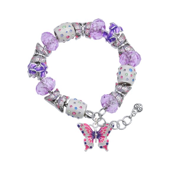 Delight Jewelry Silvertone Large Hot Pink & Purple Butterfly Purple Butterfly Bead Charm Bracelet, 7"+1" Extender