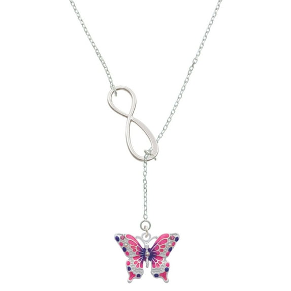 Delight Jewelry Silvertone Large Hot Pink & Purple Butterfly Silver tone Elegant Infinity Lariat Necklace