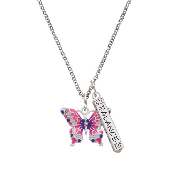 Delight Jewelry Silvertone Large Hot Pink & Purple Butterfly Silvertone Balance Bar Charm Necklace, 23"