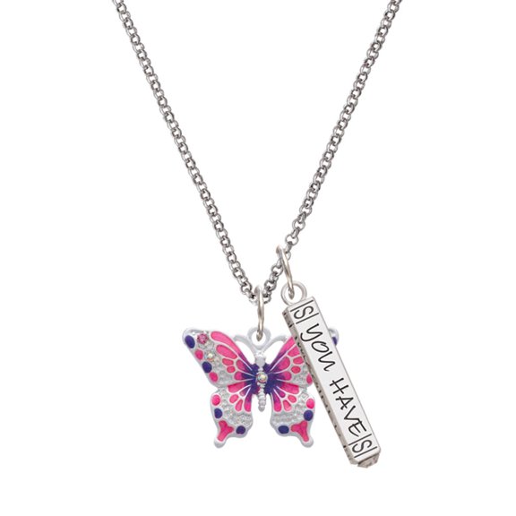 Delight Jewelry Silvertone Large Hot Pink & Purple Butterfly Silvertone Live the Life You Have Imagined Bar Charm Necklace, 23"
