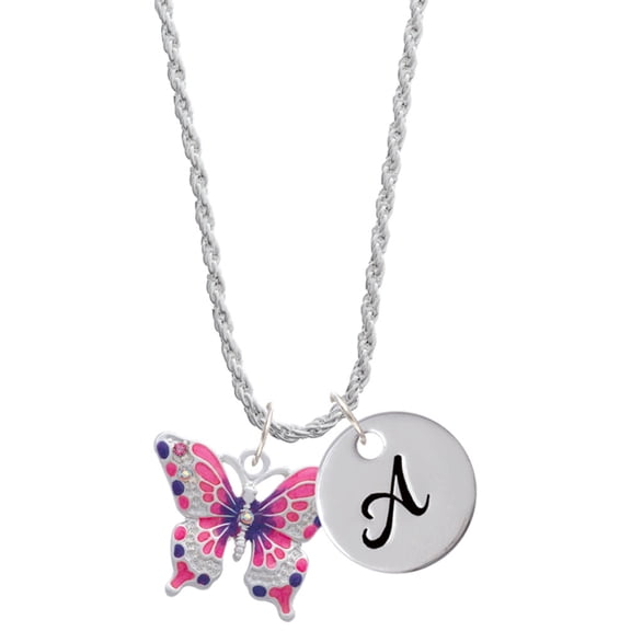 Delight Jewelry Silvertone Large Hot Pink & Purple Butterfly Silvertone Script Initial Disc - A - Charm Necklace, 20"+3"
