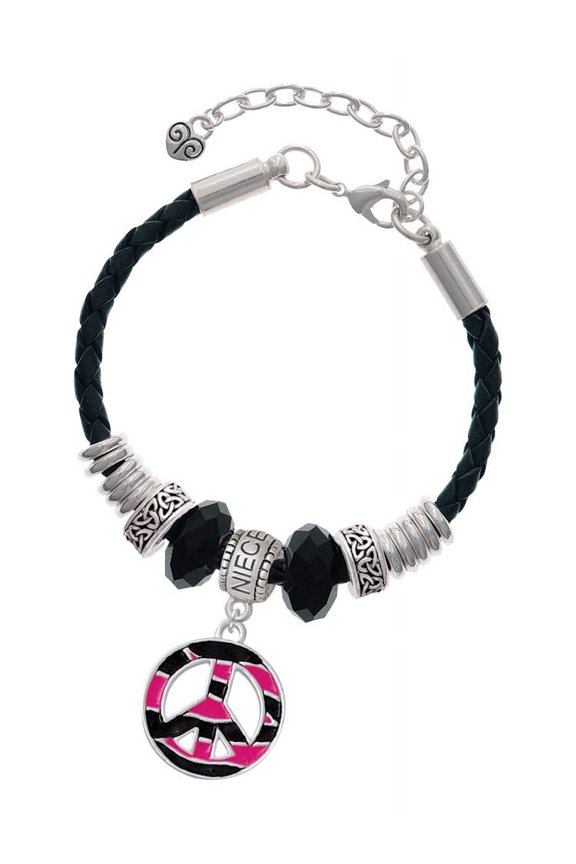 Silvertone Large Hot Pink Tiger Print Peace Sign Niece Celtic Knot Leather Bead Bracelet, 7"+2" Extender