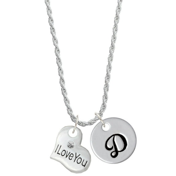 Delight Jewelry Silvertone Large I Love You Heart Silvertone Script Initial Disc - D - Charm Necklace, 20"+3"