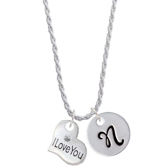 Delight Jewelry Silvertone Large I Love You Heart Silvertone Script Initial Disc - N - Charm Necklace, 20"+3"