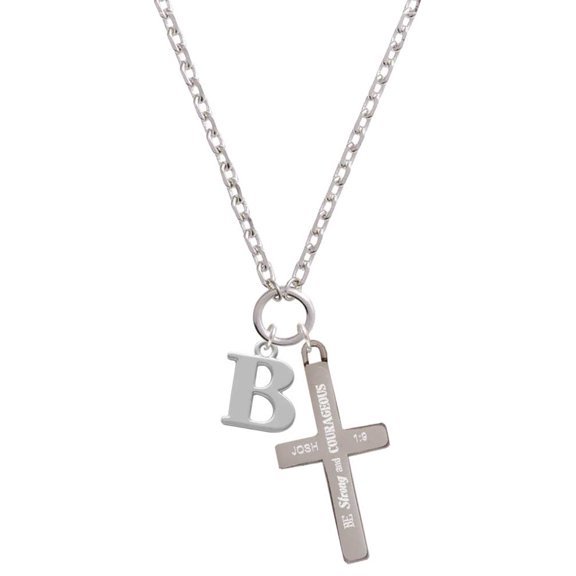 Delight Jewelry Silvertone Large Initial - B - Be Strong and Courageous Engraved Cross Zoey Necklace, 28"
