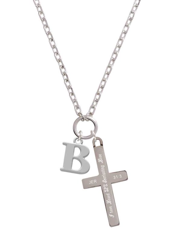 Silvertone Large Initial - B - Everlasting Love Engraved Cross Zoey Necklace, 28"