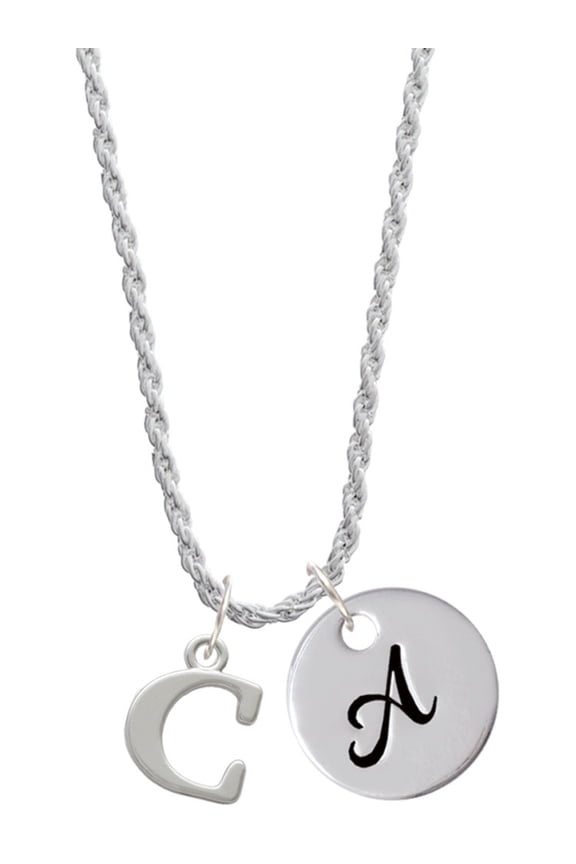 Silvertone Large Initial - C - Silvertone Script Initial Disc - A - Charm Necklace, 20"+3"