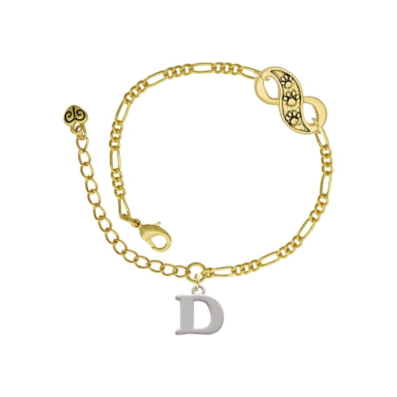 Delight Jewelry Silvertone Large Initial - D - Gold-tone Paw Infinity Link Chain Bracelet, 6"+2" Extender
