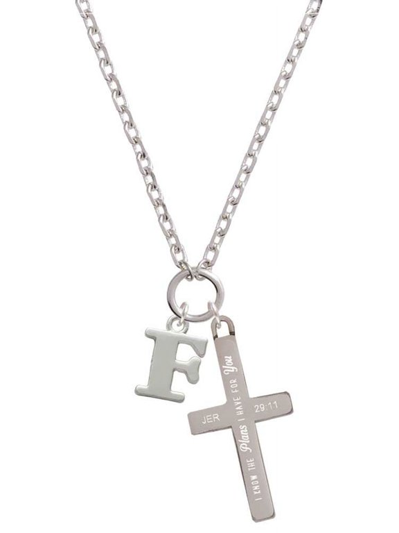 Silvertone Large Initial - F - I Have Plans for You Engraved Cross Zoey Necklace, 28"