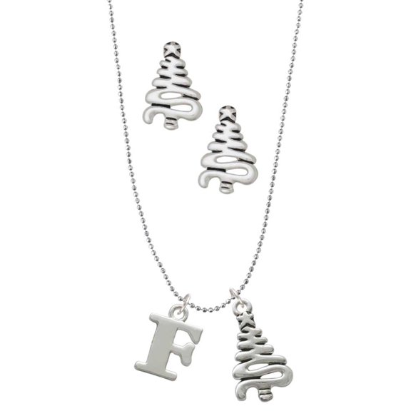 Delight Jewelry Silvertone Large Initial - F - Silver tone Zig Zag Christmas Tree Charm Necklace and Stud Earrings