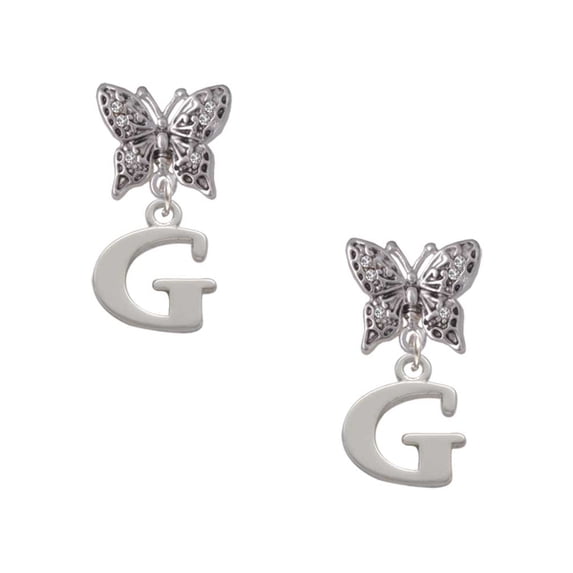 Delight Jewelry Silvertone Large Initial - G - Silvertone Antiqued Butterfly Post Earrings