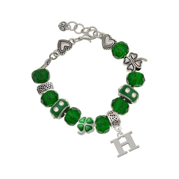 Delight Jewelry Silvertone Large Initial - H - Green Irish Luck Bead Charm Bracelet, 7.5"