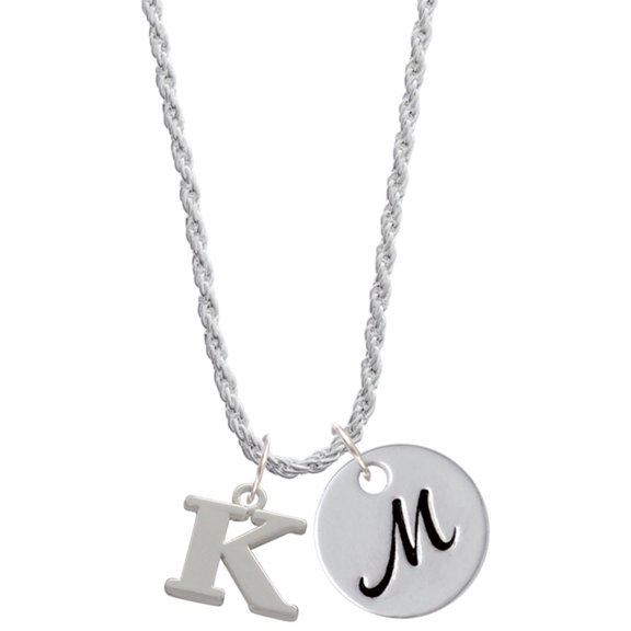 Delight Jewelry Silvertone Large Initial - K - Silvertone Script Initial Disc - M - Charm Necklace, 20"+3"