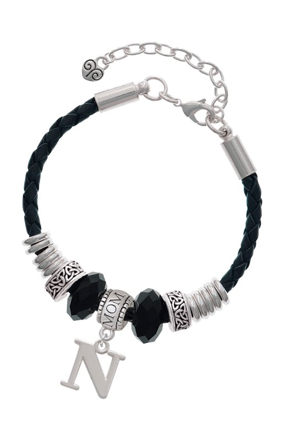 Silvertone Large Initial - N - Mom Celtic Knot Leather Bead Bracelet, 7"+2" Extender