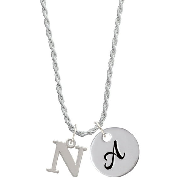 Delight Jewelry Silvertone Large Initial - N - Silvertone Script Initial Disc - A - Charm Necklace, 20"+3"